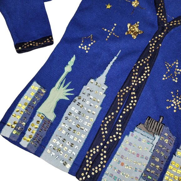 Storybook Knits New York Medium Cardigan With Sequin NYC Skyline Design & Stars - Picture 3 of 7